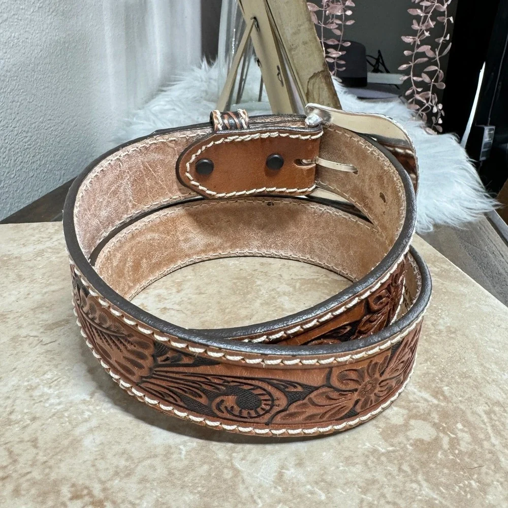 Tony Lama Belt Mens 30 Western Filigree Tooled Floral Leather Cowboy‎ Rodeo Tan